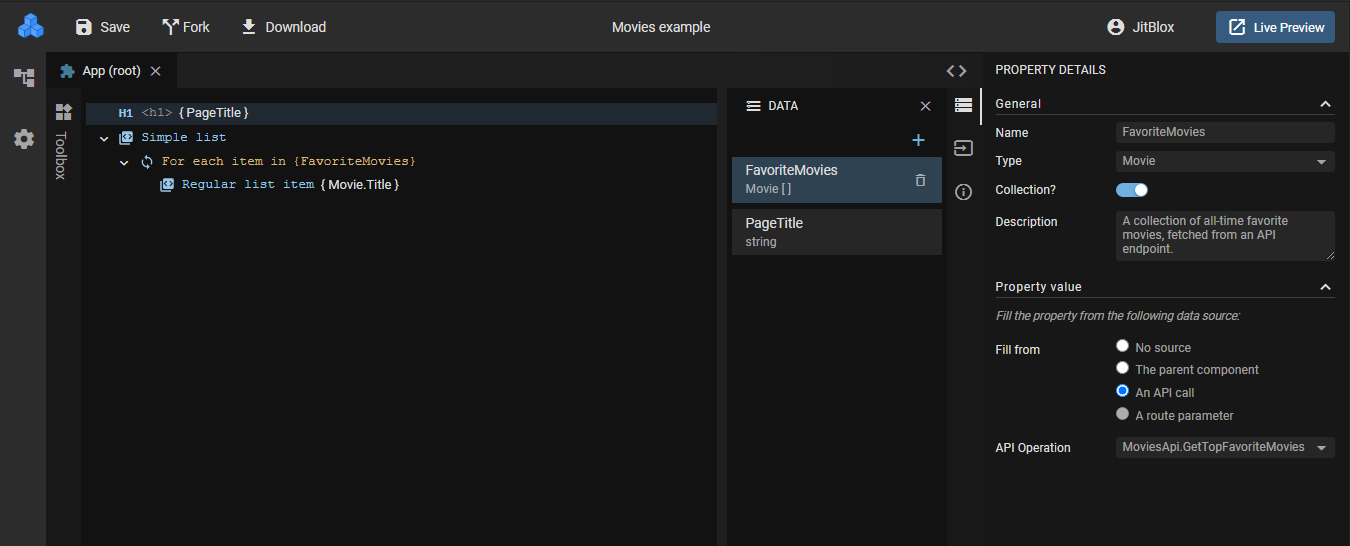 JitBlox component data panel