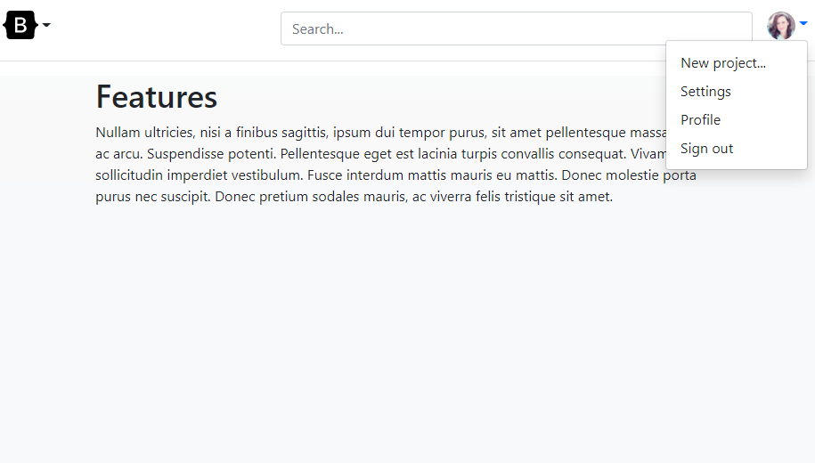 Header with search and 2 dropdowns