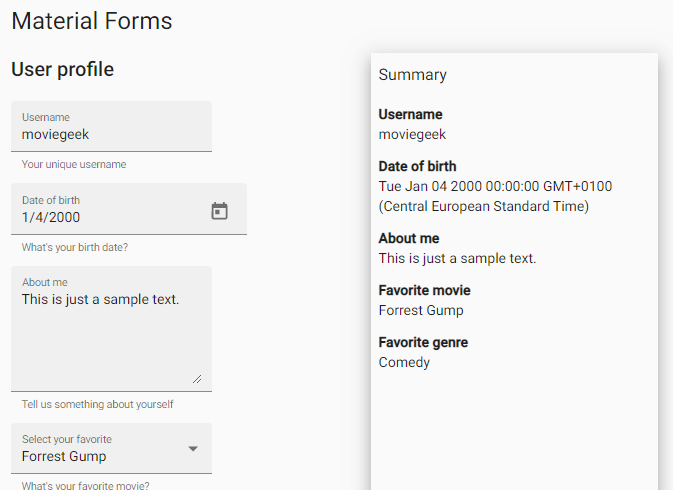 Material Forms with data-binding